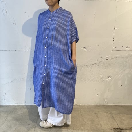 NATURAL LAUNDRY 先染めリネン ドルマンワンピース　ブルーストライプ