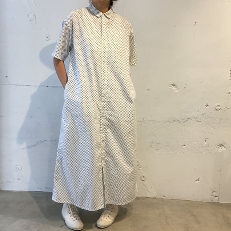 NATURAL LAUNDRY ブロード ロングシャツワンピース　ネイビー×白ドット