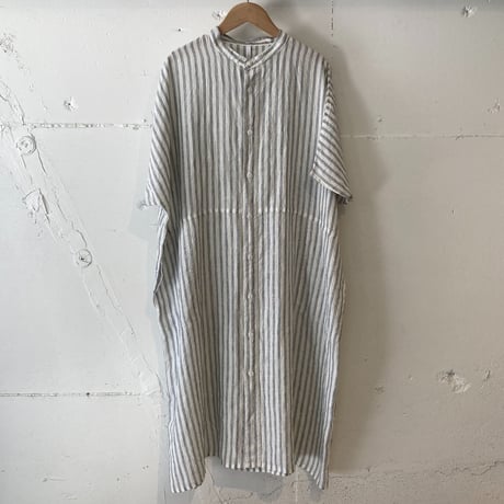 NATURAL LAUNDRY 先染めリネン ドルマンワンピース　シロストライプ