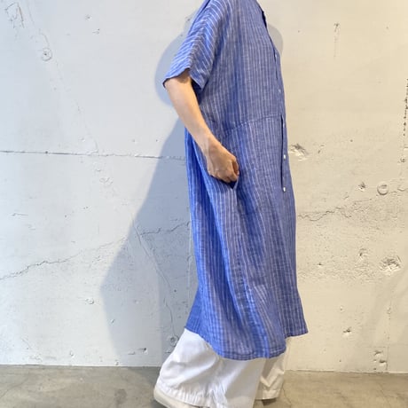 NATURAL LAUNDRY 先染めリネン ドルマンワンピース　ブルーストライプ