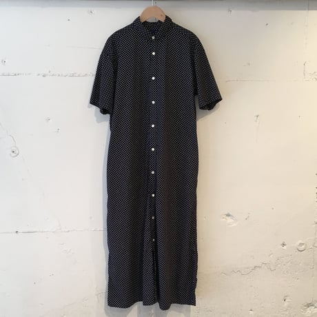 NATURAL LAUNDRY ブロード ロングシャツワンピース　ネイビー×白ドット