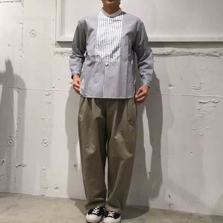 NATURAL LAUNDRY ブロード クレリックパネルシャツ シロ×ブルーストライプ
