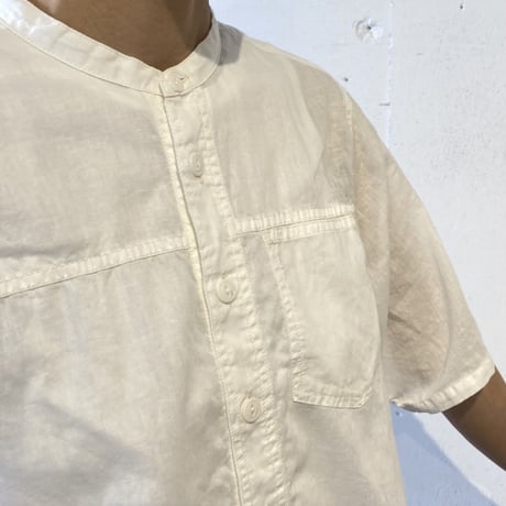 NATURAL LAUNDRY シャンブレー半袖ファーマーシャツ オフワイドストライプ
