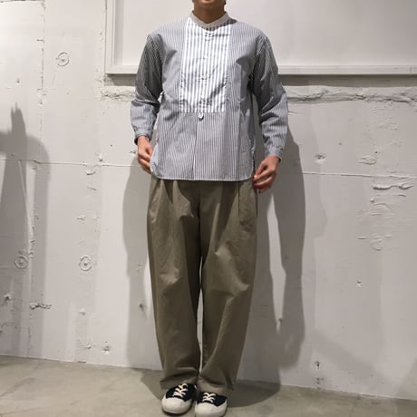 NATURAL LAUNDRY ブロード クレリックパネルシャツ シロ×ベージュストライプ