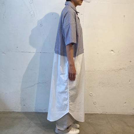 TISSU タイプライター ウエストタック切替ロングシャツ  ネイビーストライプ