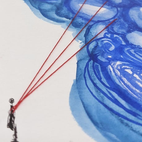 塩田 千春「Blue Universe」水彩・クレヨン・糸