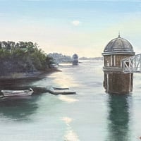 長内絵海　「貯水塔の朝（多摩湖）」 　F3号　　Osanai Emi  「Morning at the Water Tower (Tama Lake)」 (22.0×27.3cm)
