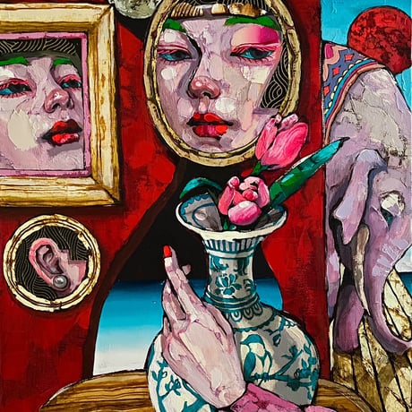 荒木名月「珍獣と考古学者」 F8号　Araki  Natsuki  「Rare animals and archaeologists」 (45.5×38.0cm)