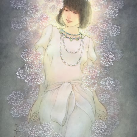 松平一民   「木花佐久夜毘売」(コノハナサクヤヒメ )  P6号      Matsudaira Kazutami   「 as the cherry blossoms .」　41.0×27.3cm
