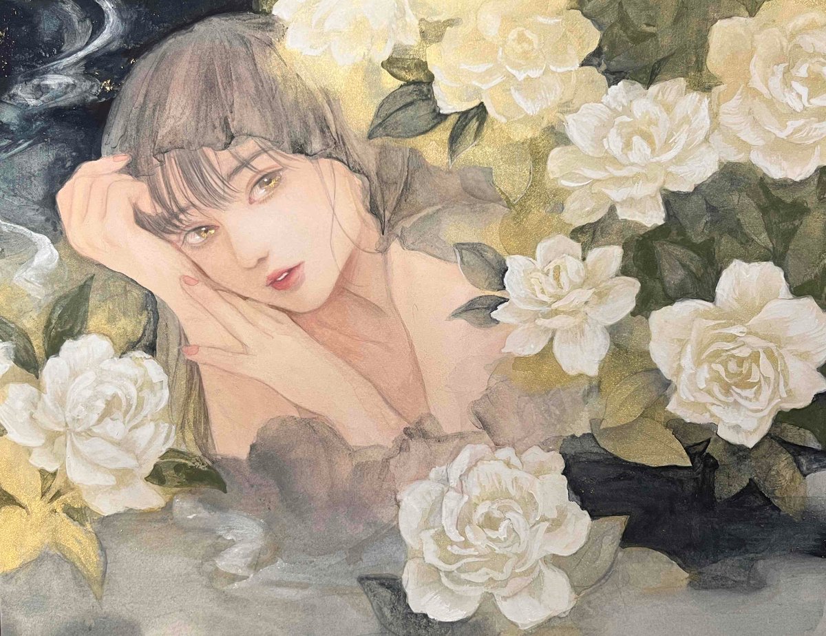 井上よう子、【Patient's Room】、希少な額装用画集より 井上知美「梔子の香る夜」 F6号 Inoue Tomomi 「A night fragr