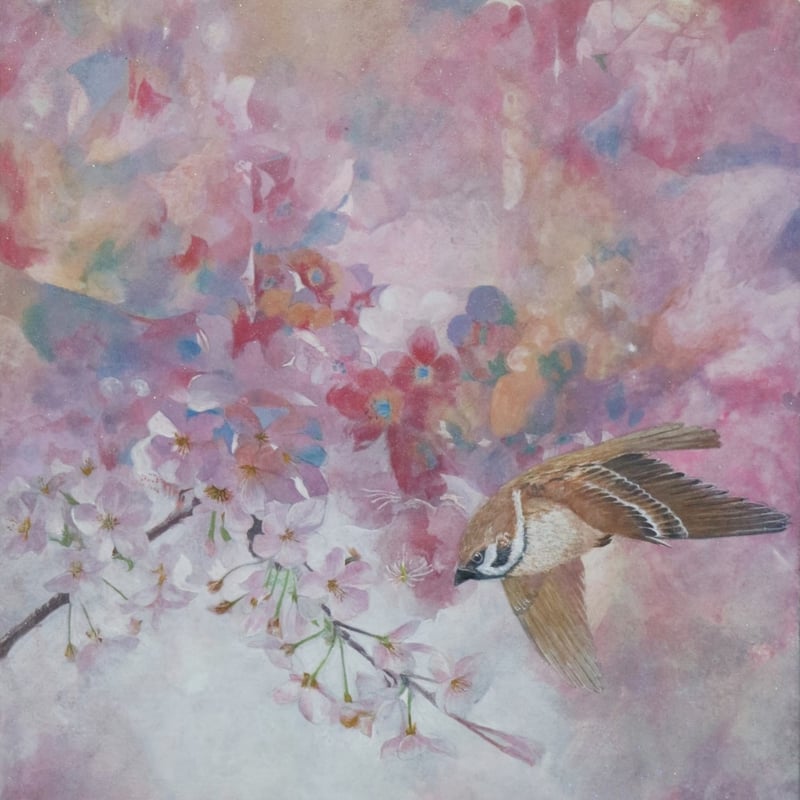 冨永明義 「桜に雀」 F6号 Tominaga Akiyoshi 「cherry b