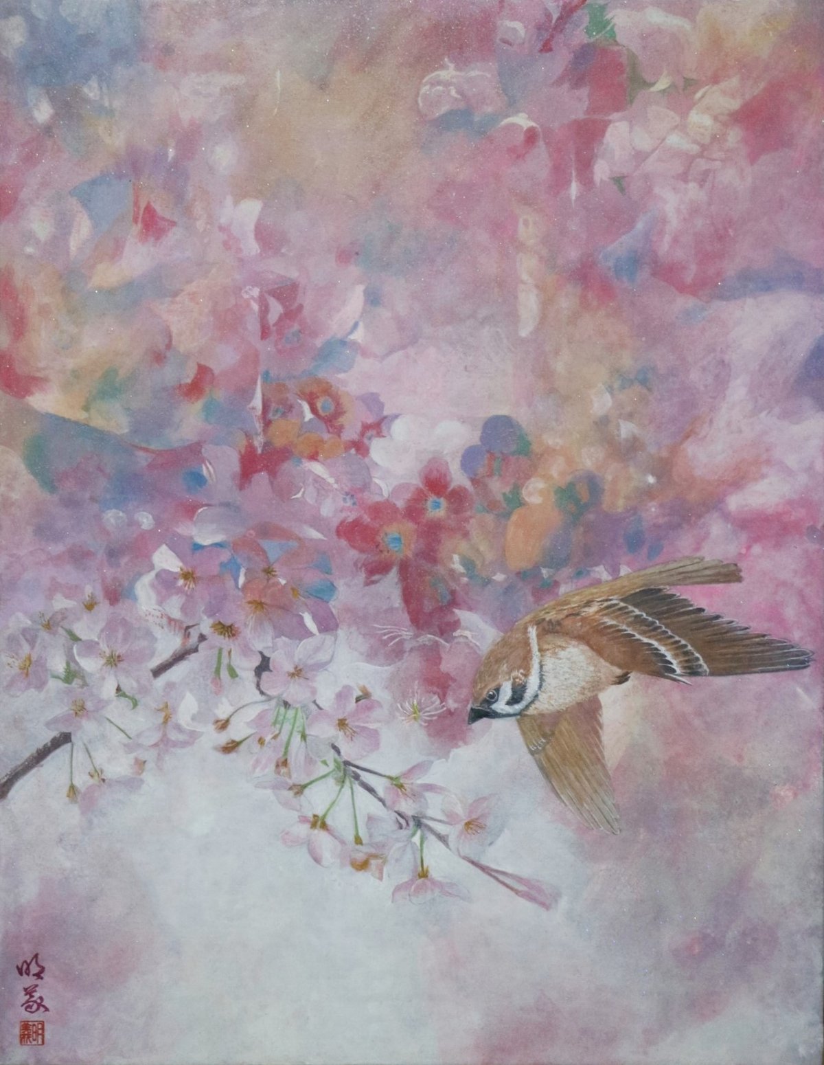 冨永明義 「桜に雀」 F6号 Tominaga Akiyoshi 「cherry b
