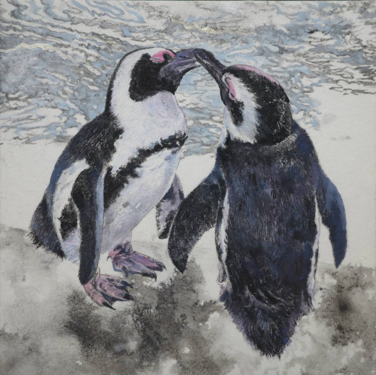 ペンギンの絵画 北川安希子 「仲良しーペンギン」 Sサムホール Kitagawa Akiko