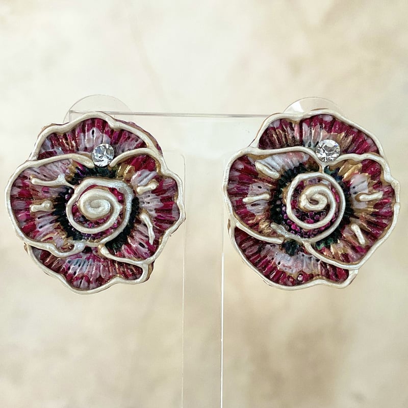 ハンドメイド アートピアス お花 フラワーモチーフ バラ 大ぶり ワイン 