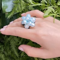 大ぶりモチーフ　淡水パール　ブルー　ワイヤー　ハンドメイド　フリーサイズリングR2210135