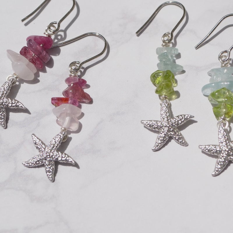 天然石のヒトツブピアス( ¨̮⋆)2wayで♡ ヒトデ サザレ石 天然石ピアス フックピアス | モンプティフレールOUTLET