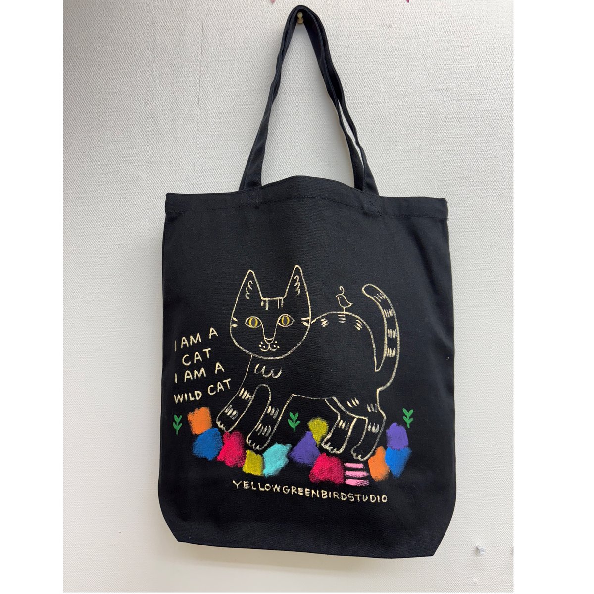 手描きトートバッグ(ブラック)（中）I AM A CAT I AM A WILDCAT | き