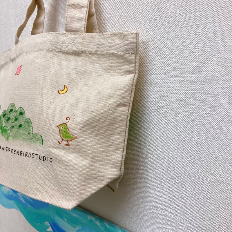 手描きトートバッグ（小）きみどりのとりと森 | きみどりのとりスタジオ 