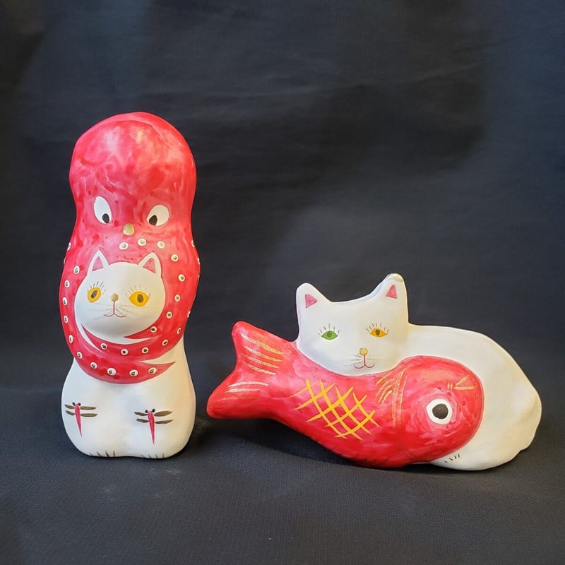 猫に蛸 相良人形 土人形 郷土玩具 縁起物 民芸 相良人形「猫に蛸」