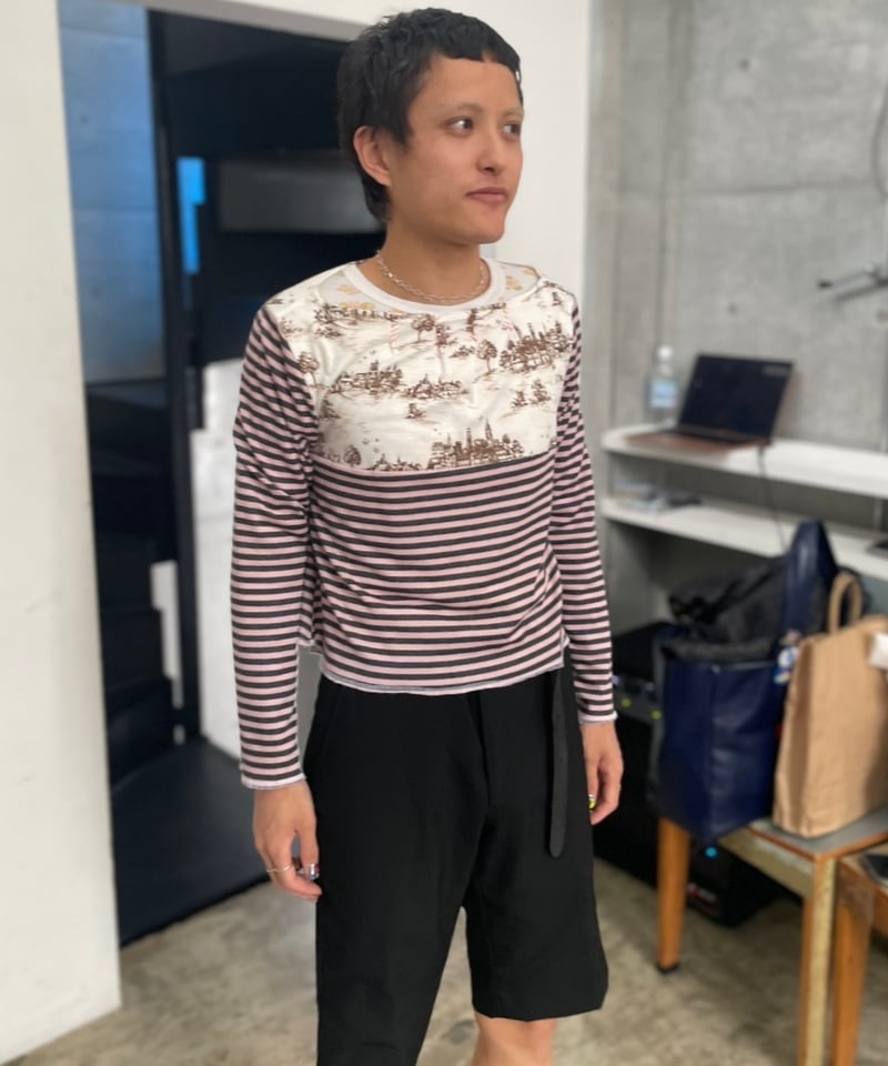 yushokobayashi / Boat neck border T-shirt (Gree