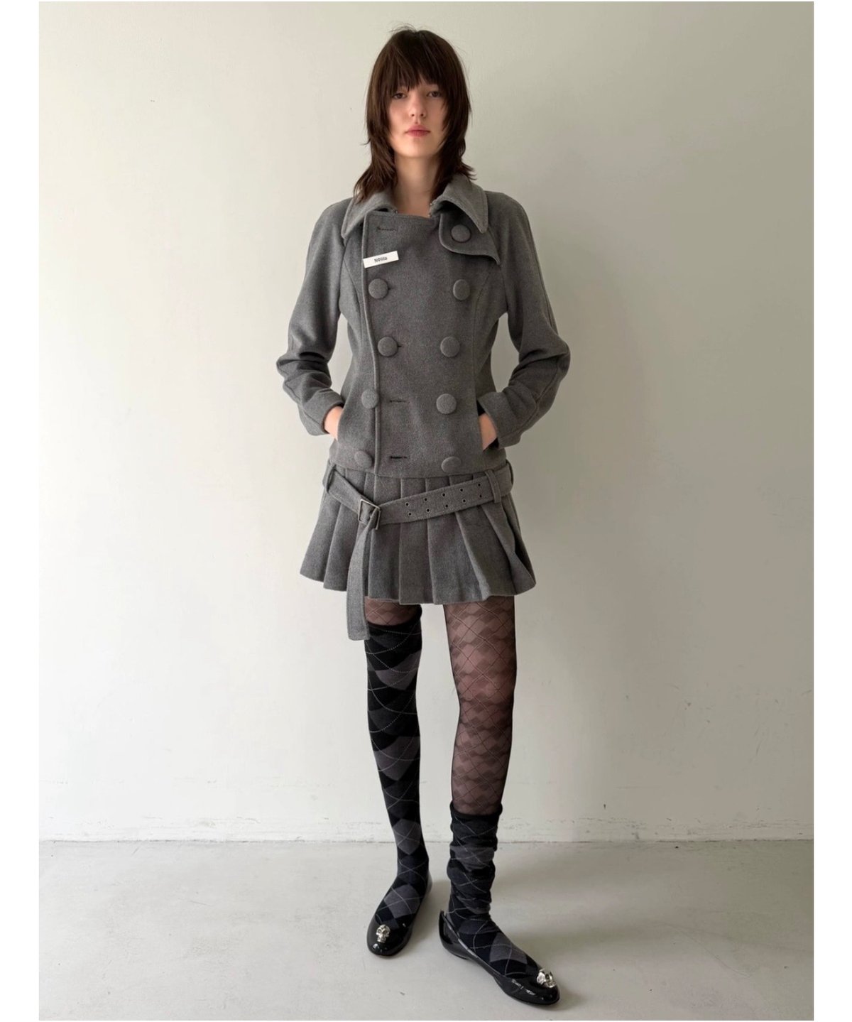 Nφ DRESS / Gray Double-Breasted Pleated Hem Woo