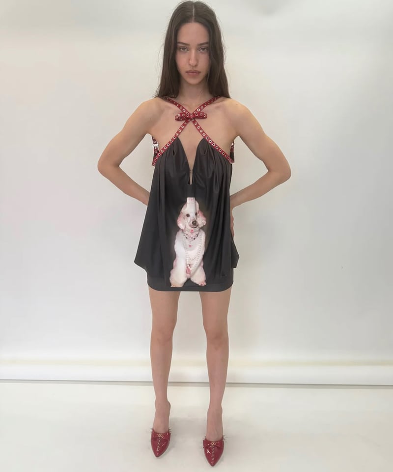Nφ DRESS / Red Belt Bow Puffy Dress with Pink G