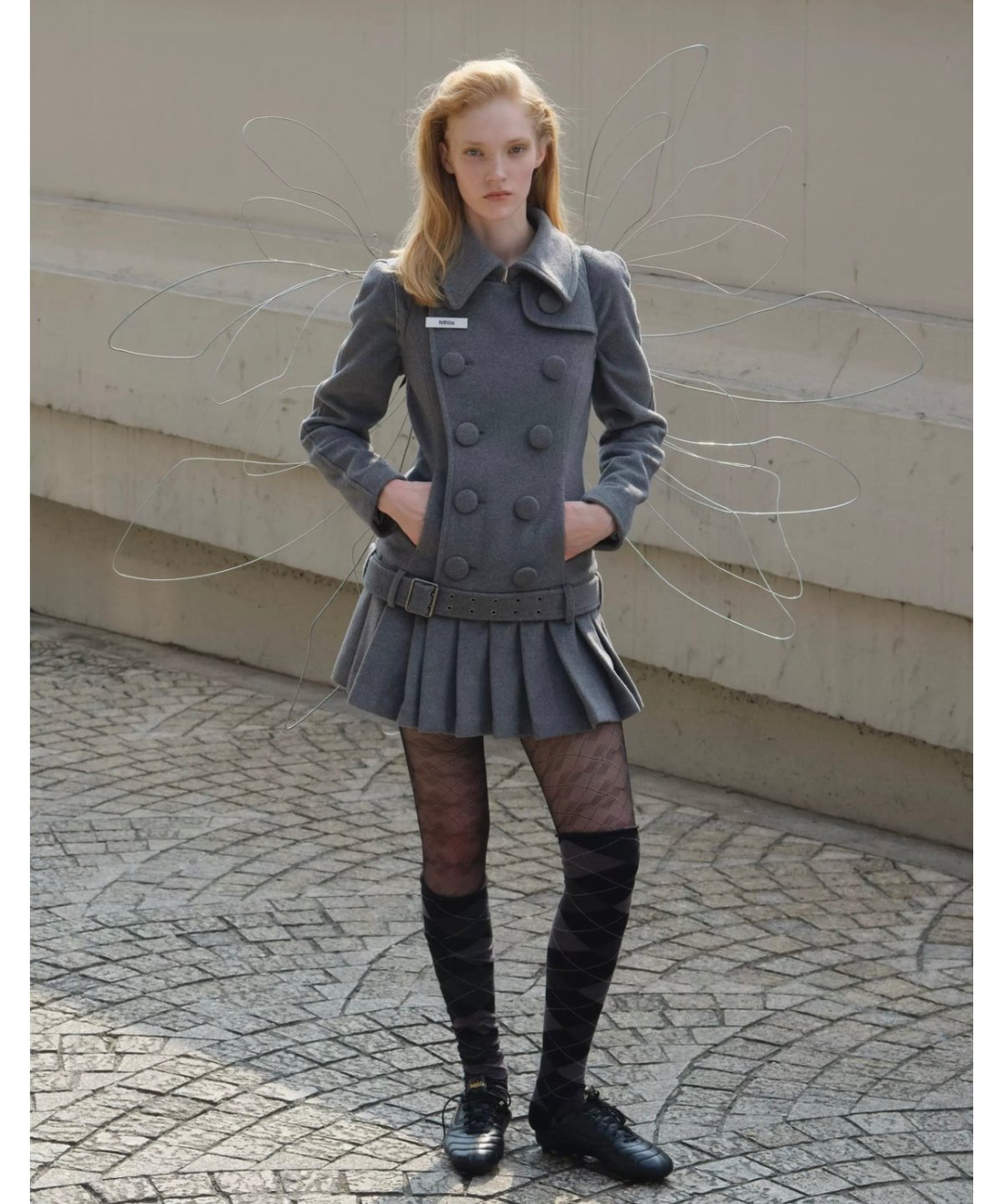 Nφ DRESS / Gray Double-Breasted Pleated Hem Woo