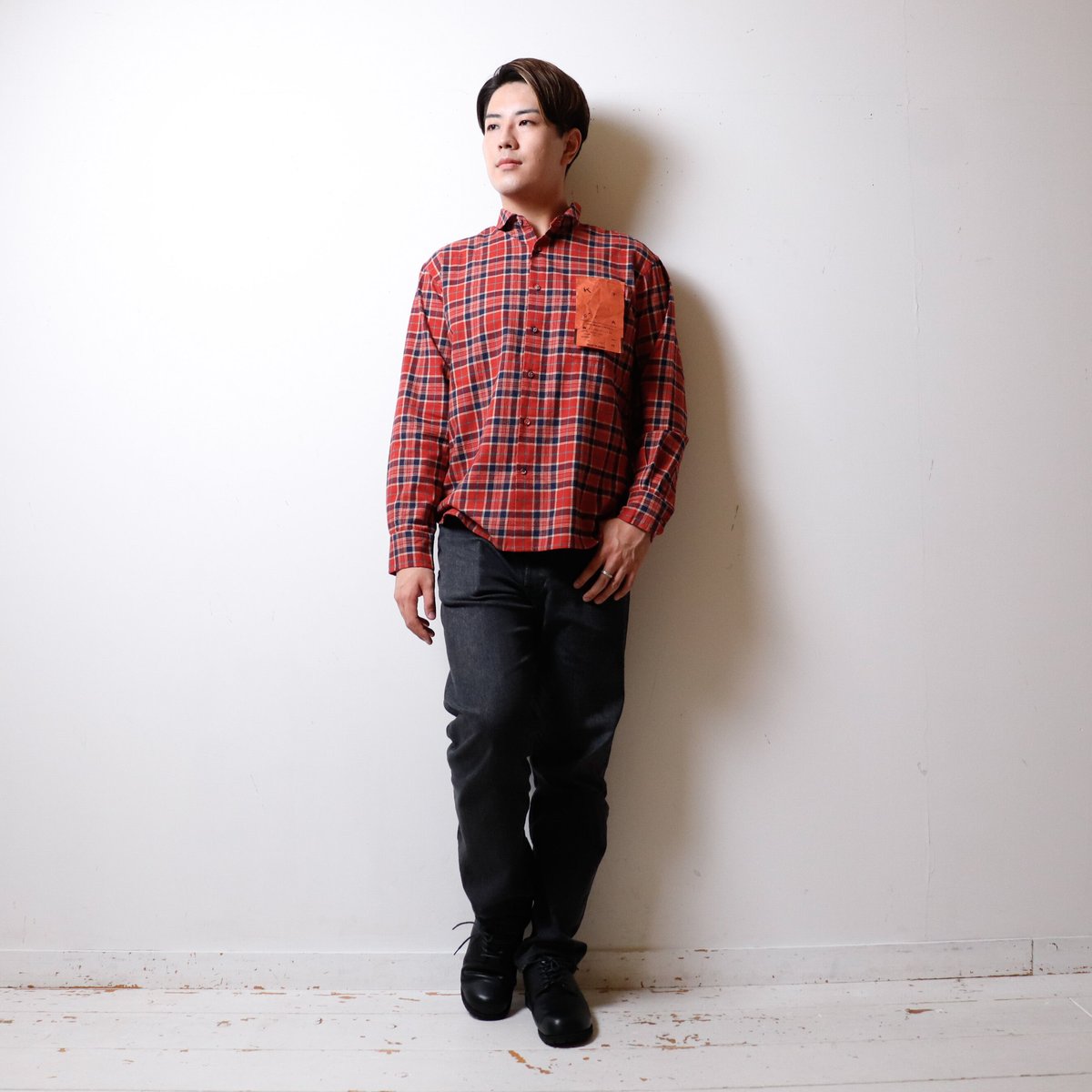 美品 KATO NAVY&GROUND BD チェック ネルシャツ カトー KATO NAVY&GROUND（カトー） チェック柄ネルシャツ 長袖ロング