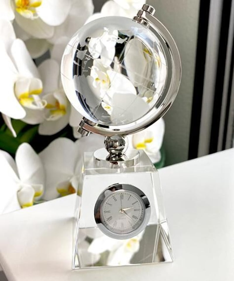 クリアクリスタル時計、たんぽぽ、LOVE地球儀オブジェ クリスタル地球儀 シルバー時計 加工費込み | 日本橋コストコ