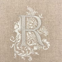 イニシャル刺繍付きリネン生地「R」