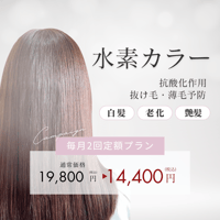 ”消えない”水素ケアで、内側から輝く美と健康を。【”毎月2回”高濃度水素配合ヘアカラー定額プラン】