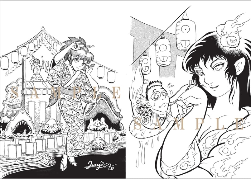 日本画　高橋美水 高橋葉介×伊藤潤二コラボレーション A4カード 2枚セット 「夏祭り