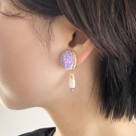 fluffy jewel / purple刺繍イヤリング