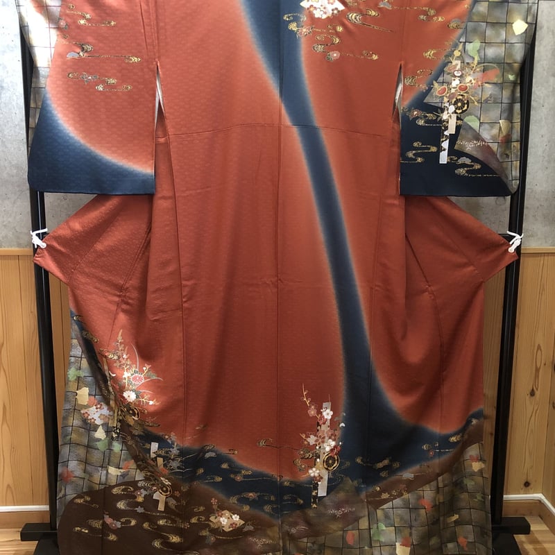 袷 訪問着 NAH-6 茶色地に紺、こげ茶ぼかし | リサイクルの着物屋 着楽庵