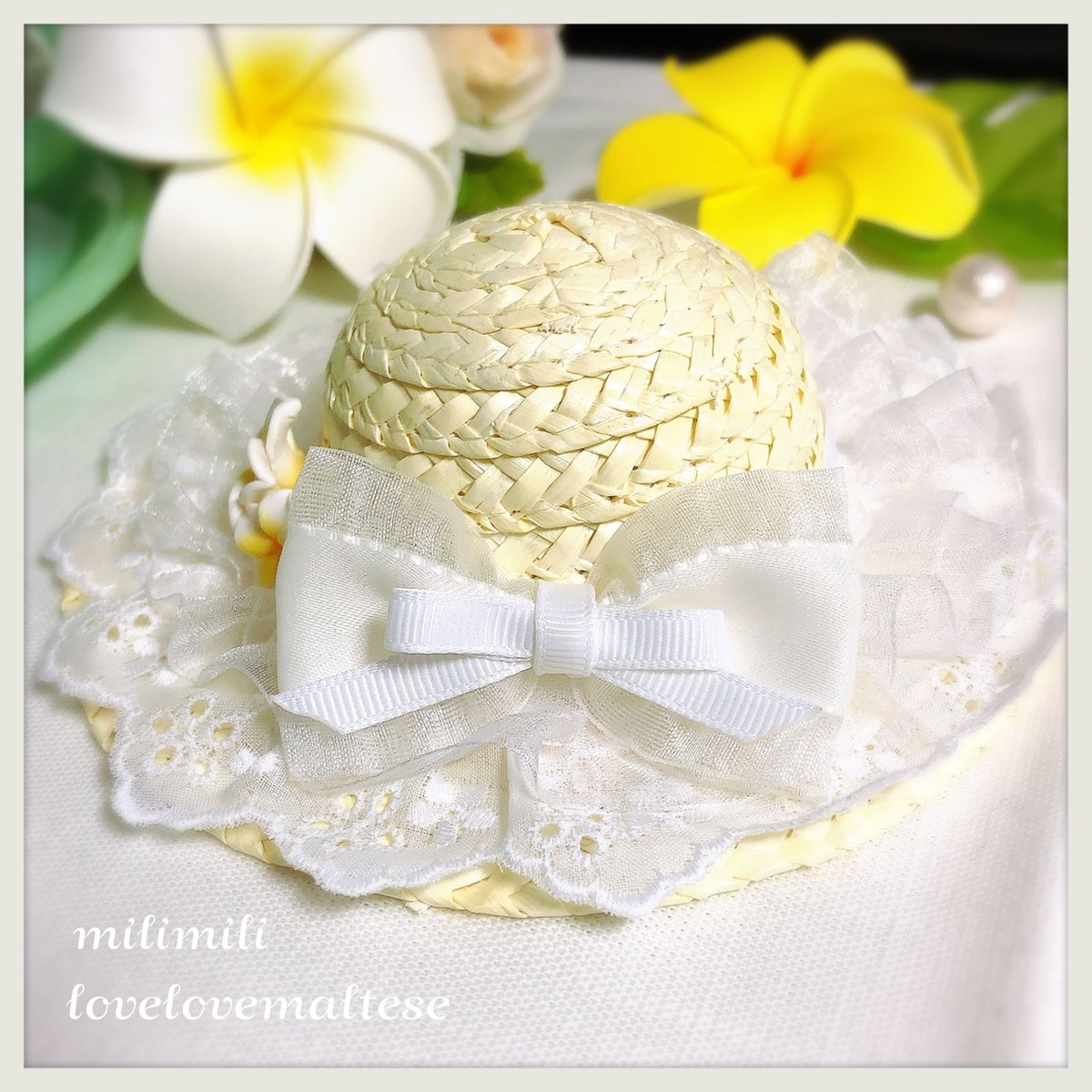 麦わら帽子Ꮮお好みカラー✗ホワイト犬・猫 プルメリア装飾❁handmade 麦わら帽子Ꮇお好みカラー✗ホワイト犬・猫 プルメリア装飾❁handmade