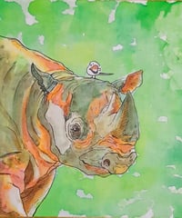 水彩画｢サイの上にシマエナガさん｣ミニ色紙