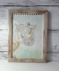 水彩画『サイの上にシマエナガ』