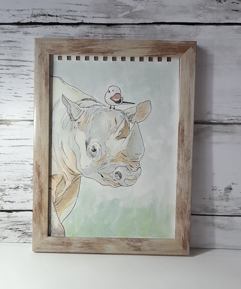 水彩画『サイの上にシマエナガ』 | sola-chan STORE