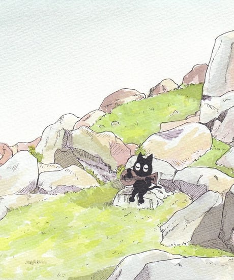 水彩画「お昼休みクロネコ」