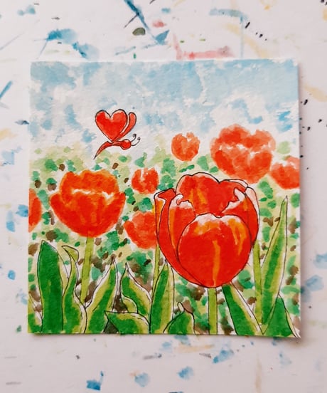 水彩画｢チューリップと❤の蝶さん｣