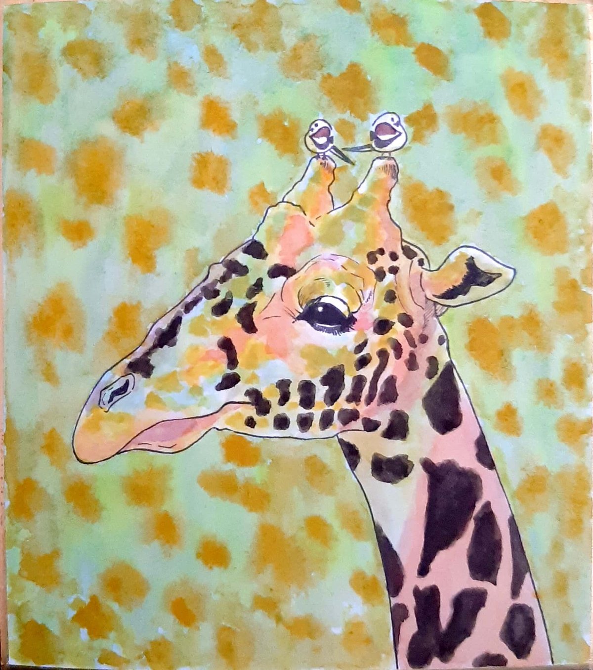 水彩画｢キリンの上にシマエナガさん｣ミニ色紙 | sola-chan STORE