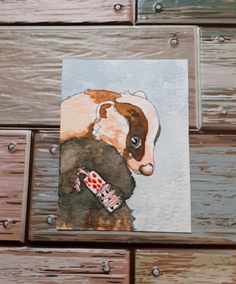 水彩画｢アナグマさんのカードマジック｣