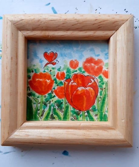 水彩画｢チューリップと❤の蝶さん｣