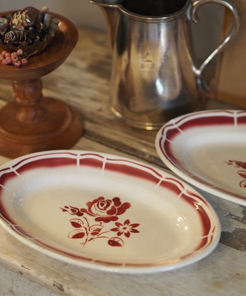 フランスアンティーク オーバルプレート（赤縁薔薇文様） | gris