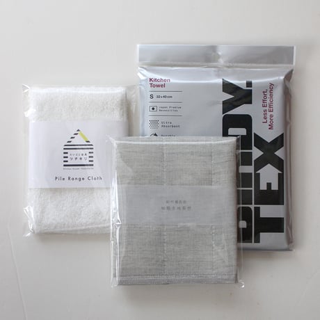 ふきん3点セット、備長炭蚊帳ふきん（単品）、マイクロファイバーふきん（単品）