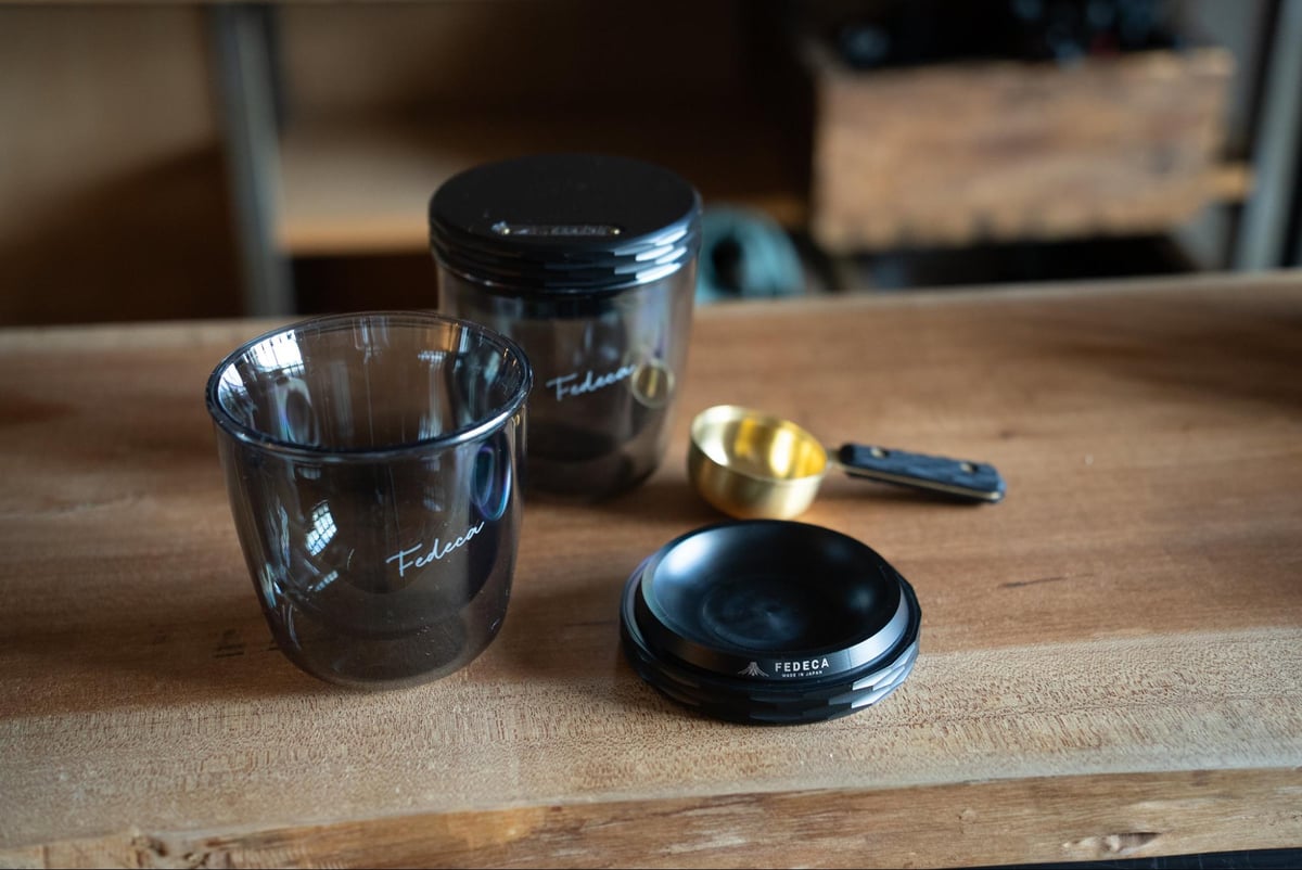 【新品未使用】FEDECA ダプルウオ一ルグラス とコ一スタ一兼蓋2点セット 新品未使用】FEDECA ダプルウオ一ルグラス とコ一スタ一兼蓋2点