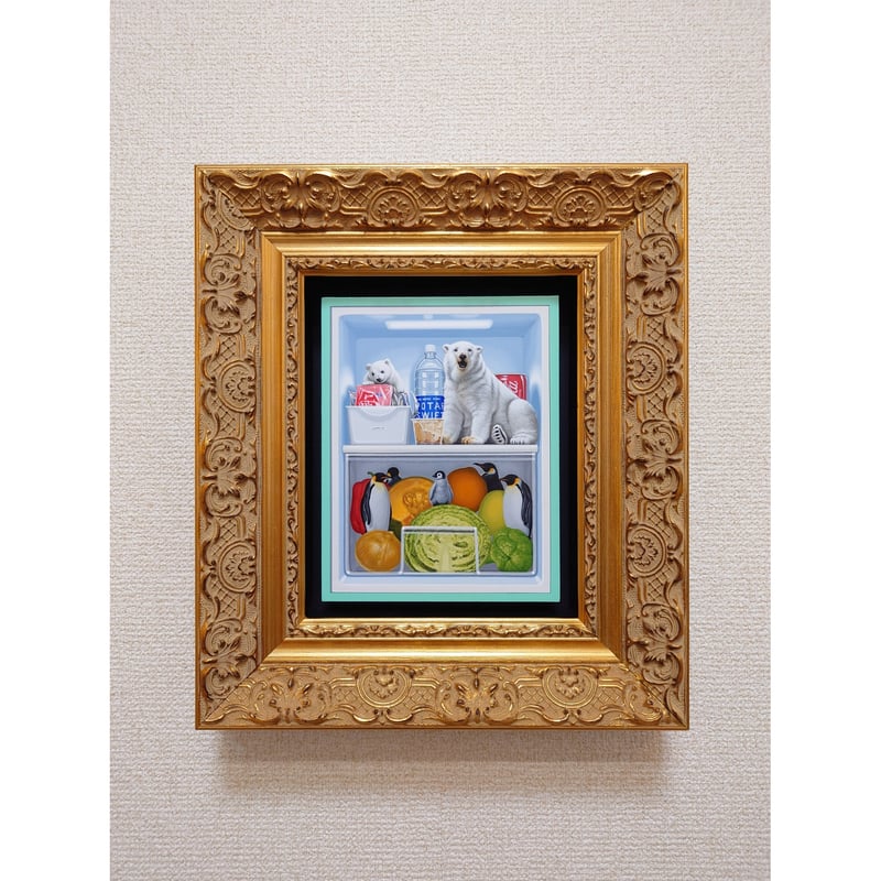 釜 匠 「ミニ冷蔵庫」 2024/木製パネルに綿布・アクリル絵の具