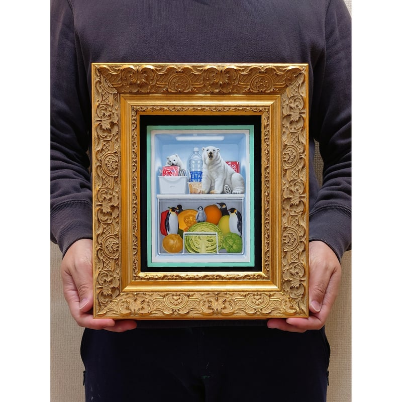 釜 匠 「ミニ冷蔵庫」 2024/木製パネルに綿布・アクリル絵の具/作品