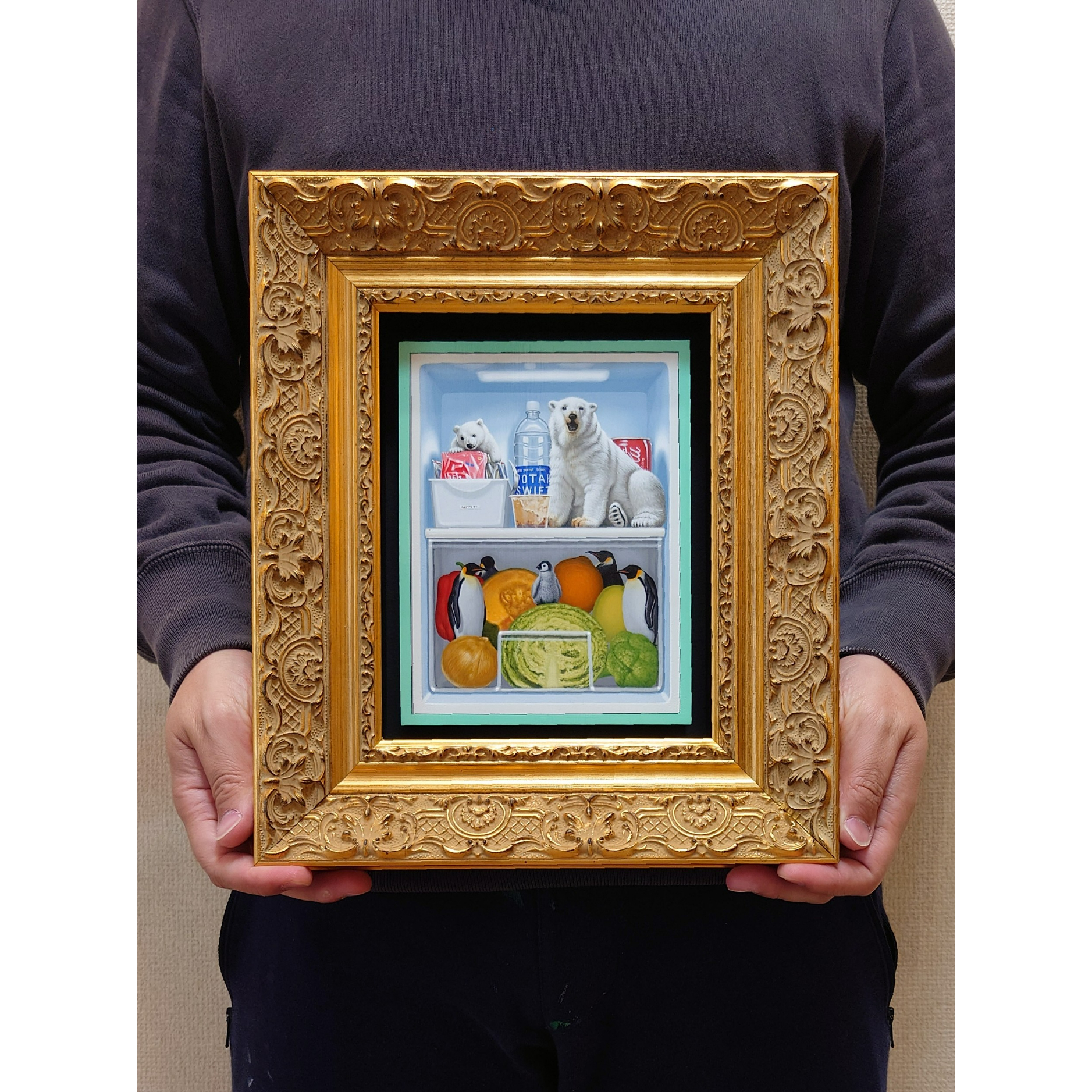 【アクリル画】 商品名 「小判川2」  新品未使用品  4号額付き 釜 匠 「ミニ冷蔵庫」 2024/木製パネルに綿布・アクリル絵の具/作品