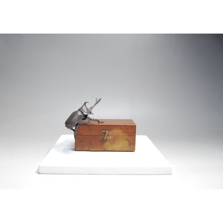 小橋順明 「カブトムシ」H8.4×W3.9×D5.0cm（生物部分サイズ）陶・樹脂・ステンレス棒・古い木箱